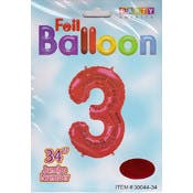 Mylar Number 3 Balloons - Red, 34"