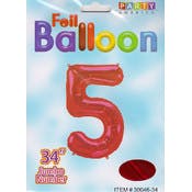 Mylar Number 5 Balloons - Red, 34"