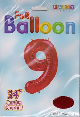 34" Mylar Number 9 Balloon - Red