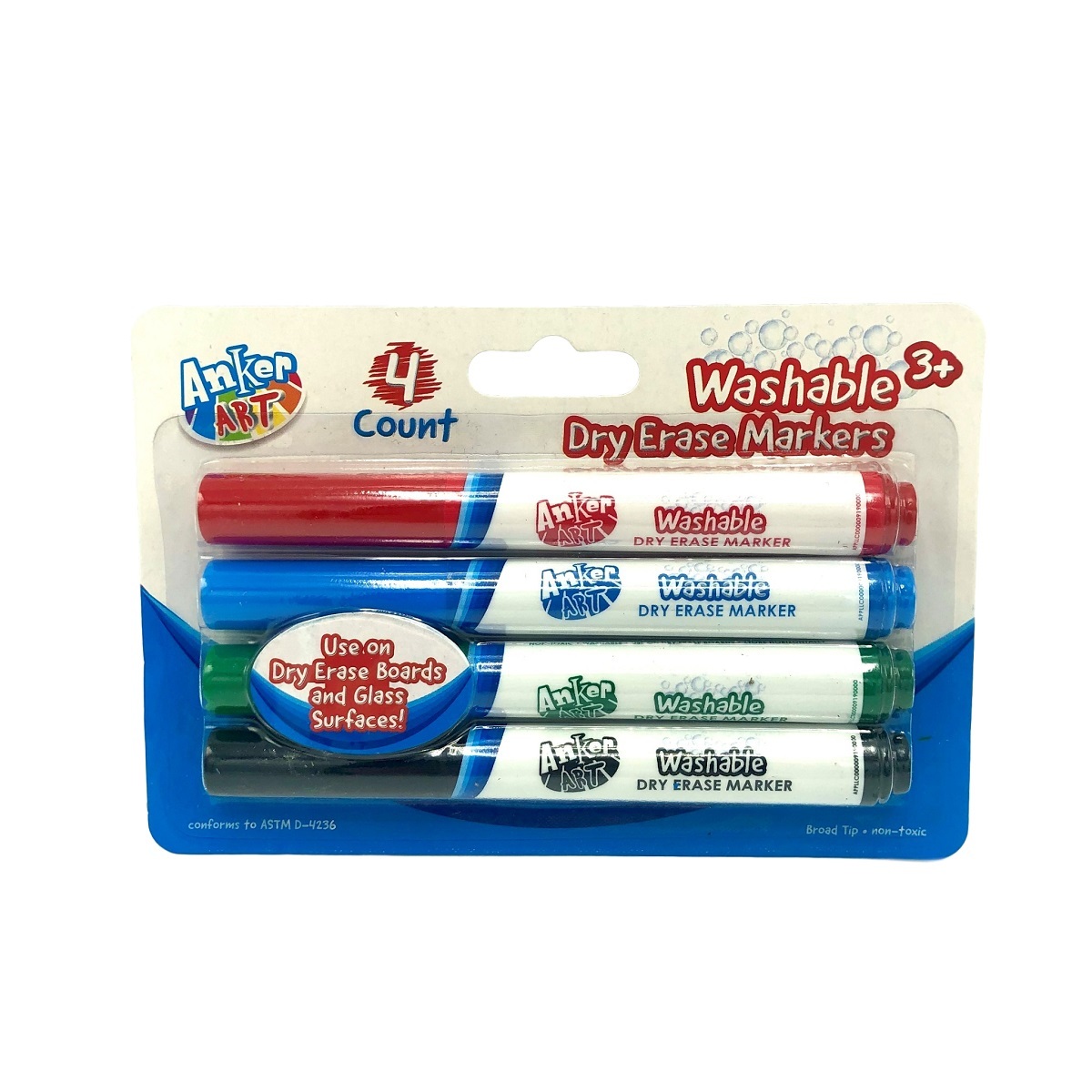 Anker Art Dry Erase Markers 4 Count, Washable, Assorted Colors