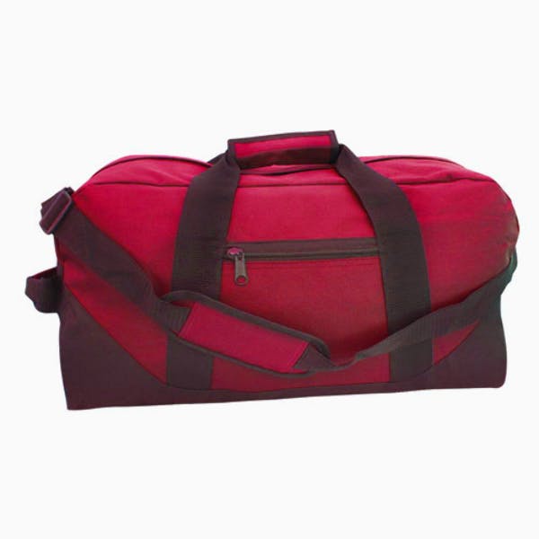 red and black duffle bag