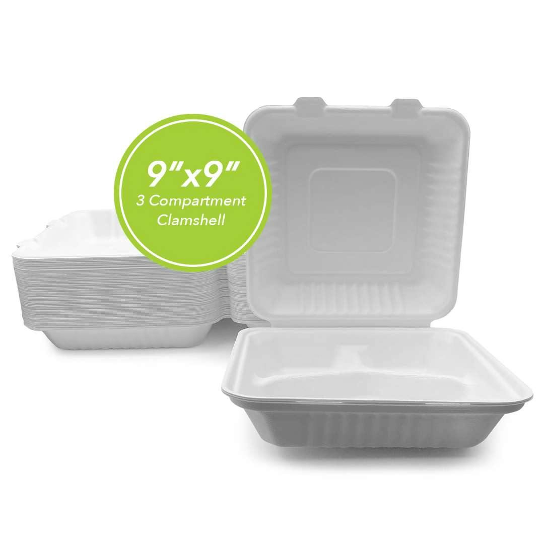 Disposable Clamshell Food Boxes - 3 Compartments, 9" x 9"