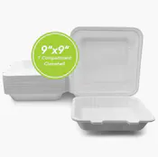 Three Leaf 9"x9" 1 Compartment Bagasse Clamshell, 100 Pack