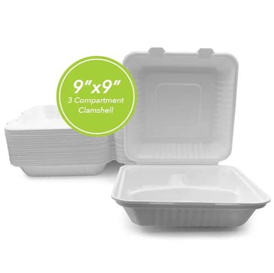 Three Leaf 9"x9" 3 Compartment Bagasse Clamshell, 100 Pack