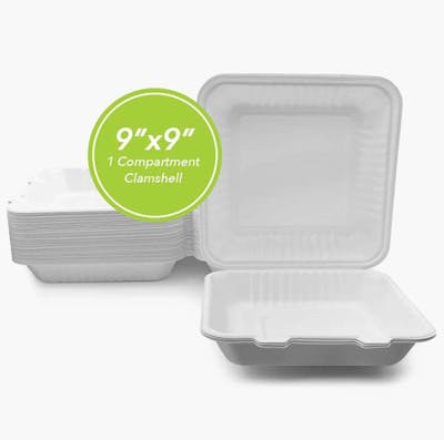 Three Leaf 9"x9" 1 Compartment Bagasse Clamshell, 100 Pack