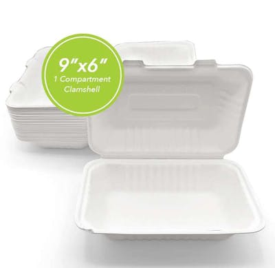 Three Leaf 9"x6" 1 Compartment Bagasse Clamshell, 50 Pack