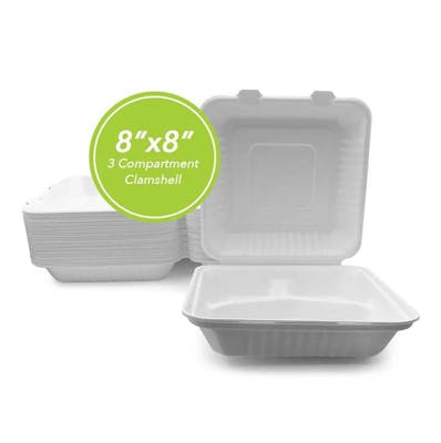 Three Leaf 8"x8" 3 Compartment Bagasse Clamshell, 50 Pack