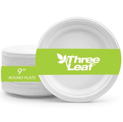 Three Leaf 9" Bagasse Round Plates, 25 Pack