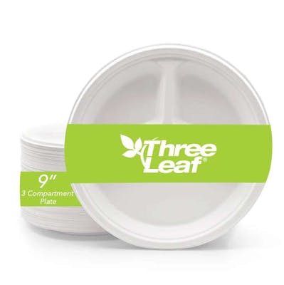 Three Leaf 9" 3 Compartment Bagasse Round Plates, 25 Pack