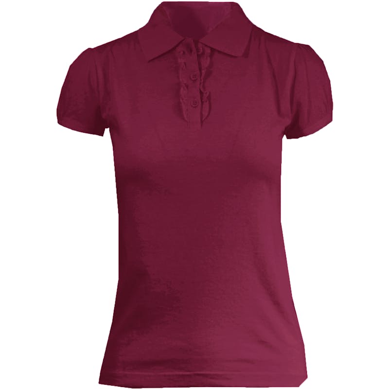 Junior's Burgundy Short Sleeve Polo with Ruffle Placket - Sizes S-XL