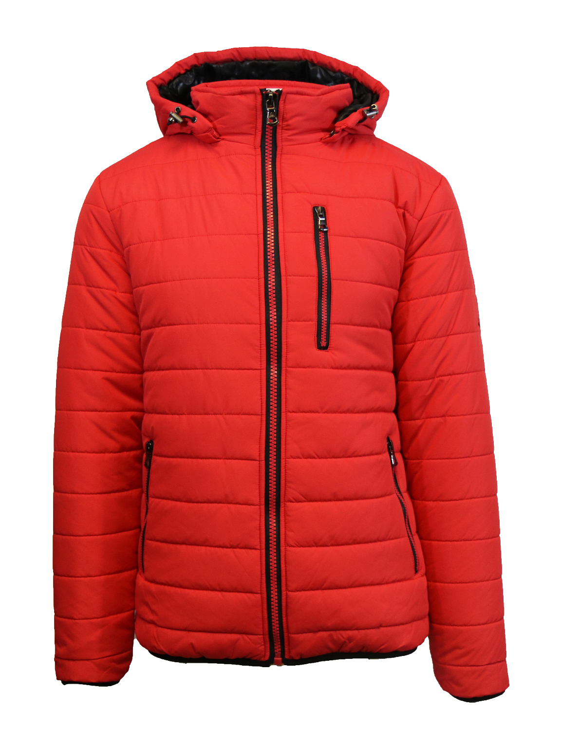 black and red puffer jacket