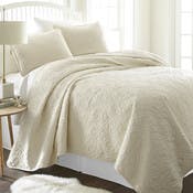 Premium Quilted Coverlet Sets - Ivory, Queen, Damask Pattern, 3 Piece