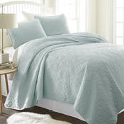 Premium Quilted Coverlet Sets - Pale Blue, King, Damask Pattern, 3 Piece