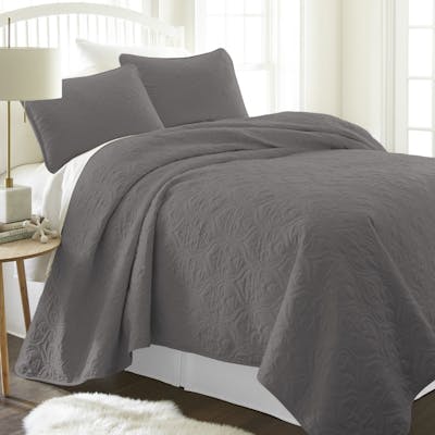 Premium Quilted Coverlet Sets - Gray, Twin, Damask Pattern, 2 Piece
