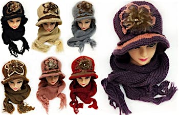 Winter Knitted Hat And Scarf Set With Flower