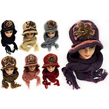 Winter Knitted Hat And Scarf Set With Flower Winter Knitted Hat And Scarf Set With Flower