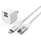 2 Port USB Wall Chargers 2.4A - 6' Apple MFI Certified Lightning Cable, White