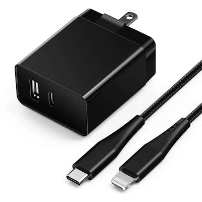 USB-PD Fast Wall Chargers with 6' USB-C to Lightning Cable - Black, 20W
