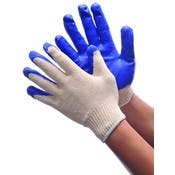 String Knit Gloves - Blue, Latex Coating, Large