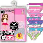 Girls' Cotton Panties - Assorted Prints and Color, 10 Pack, Size 4-14