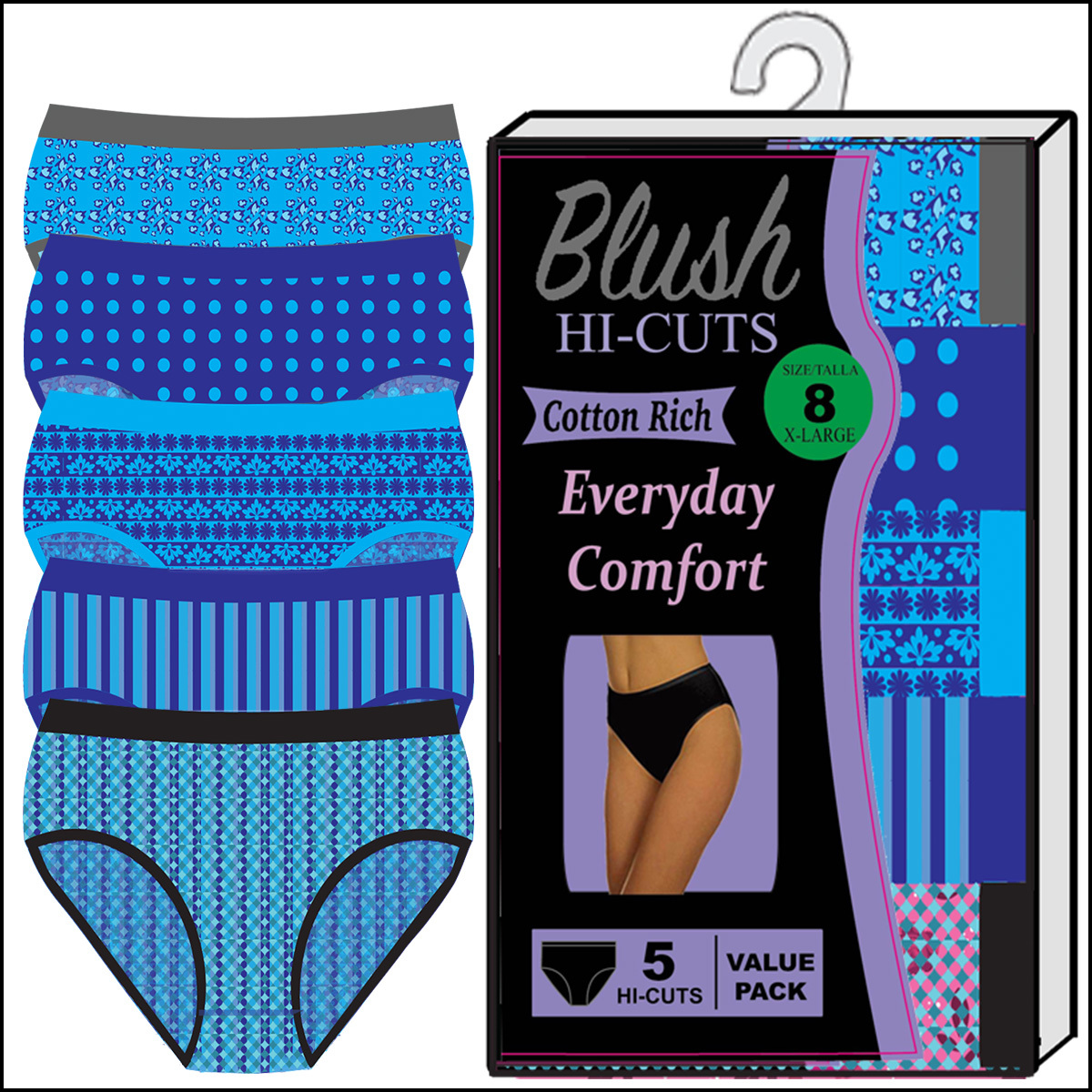 Bulk Women's Cotton Hi-Cut Panties, Assorted Patterns, S-3X