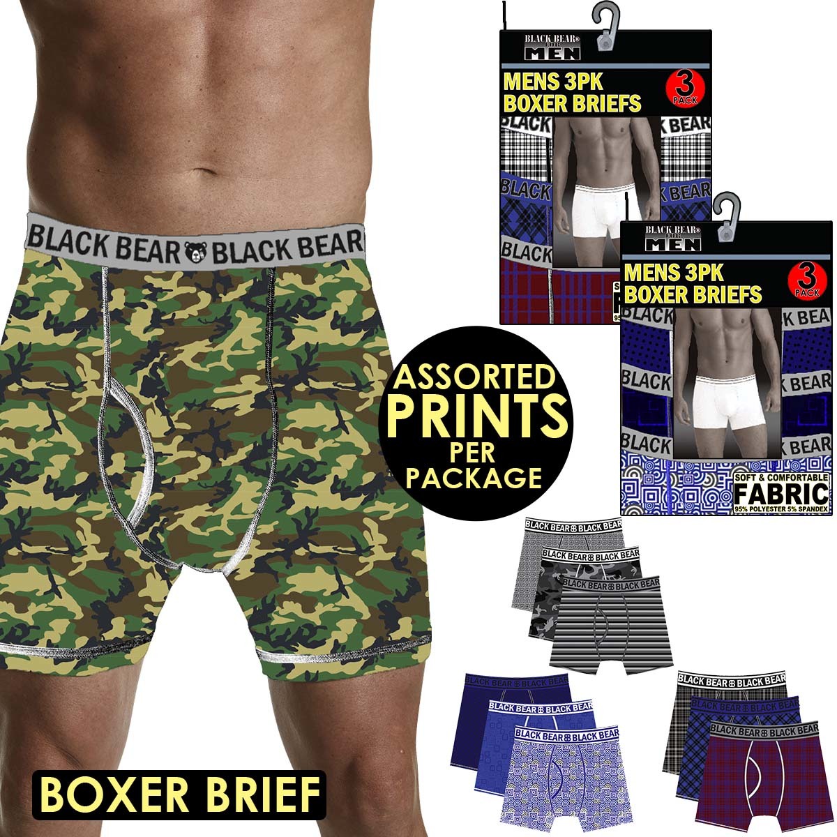 Wholesale Men's 3Pack Cotton Knit Boxer Briefs, Printed L