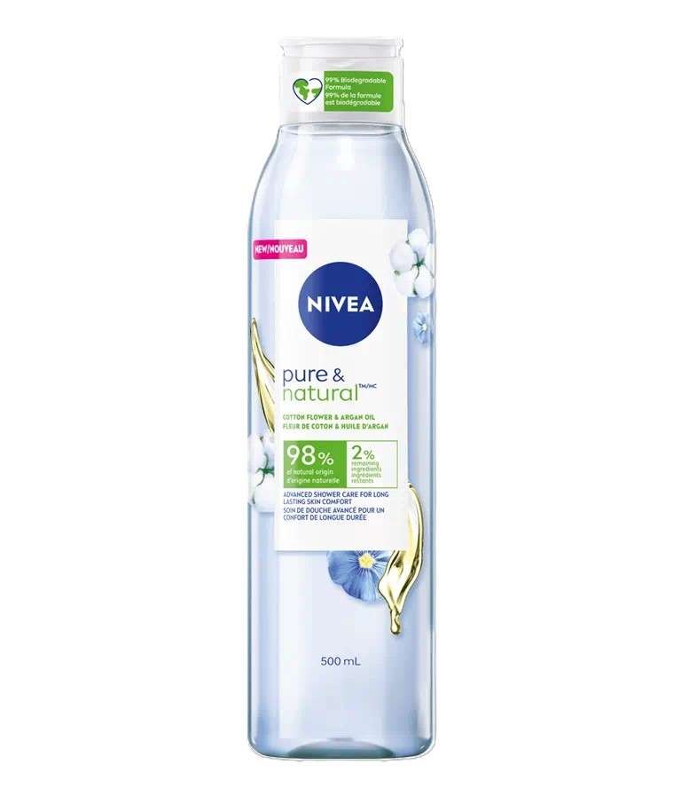 Nivea Pure & Natural Advanced Shower Gel, Cotton Flower & Argan Oil - 16.9 oz