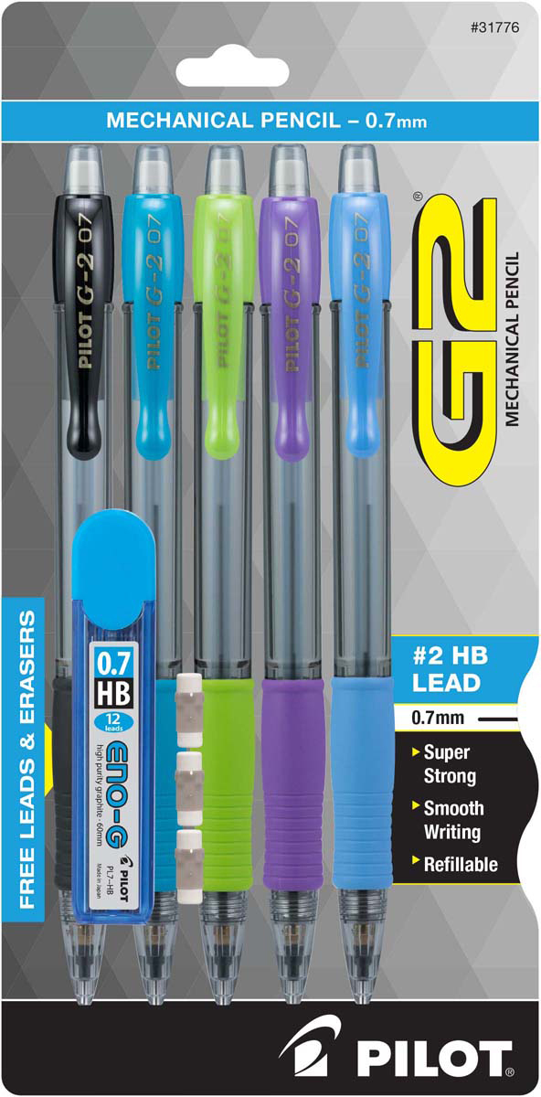 Wholesale Pilot G2 Mechanical Pencils W/Lead Erasers .7mm 5/PkgBlack