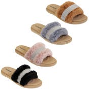 Women's Furry Slippers - Band of Rhinestones, 6-10