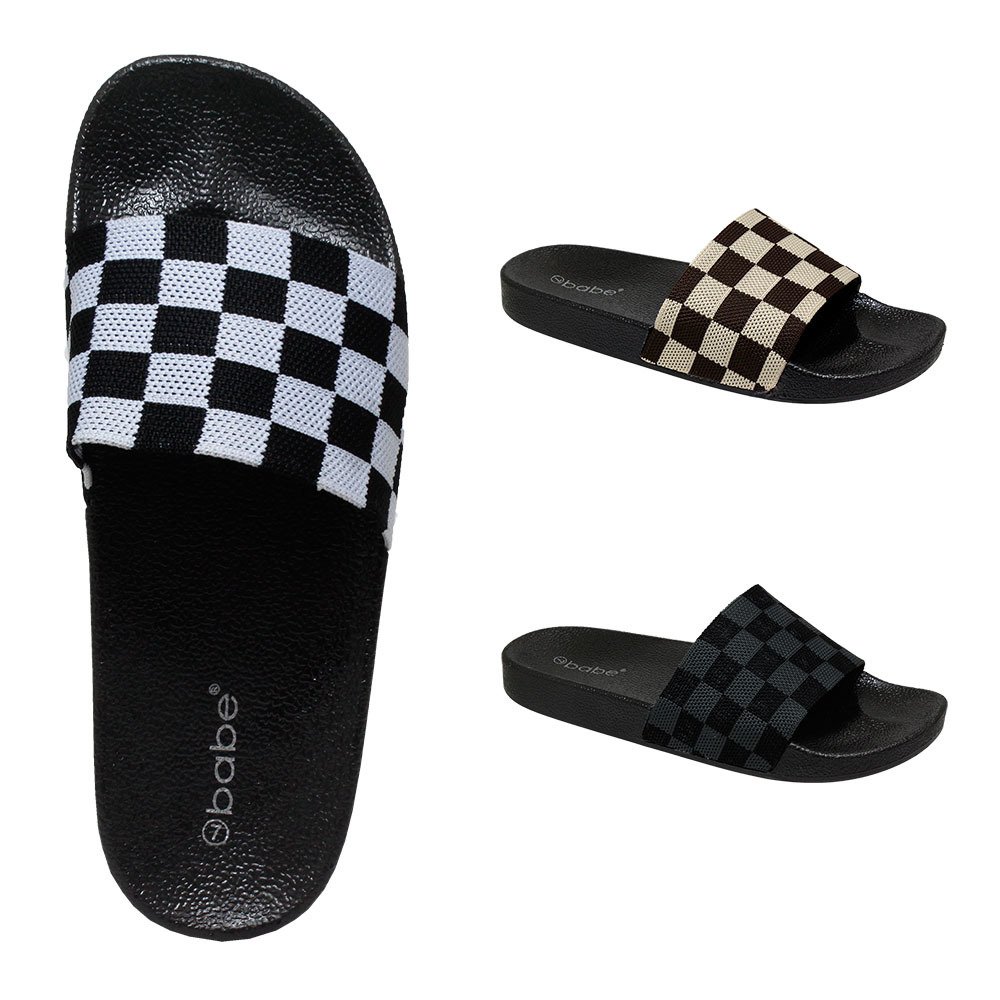 pink checkered slides