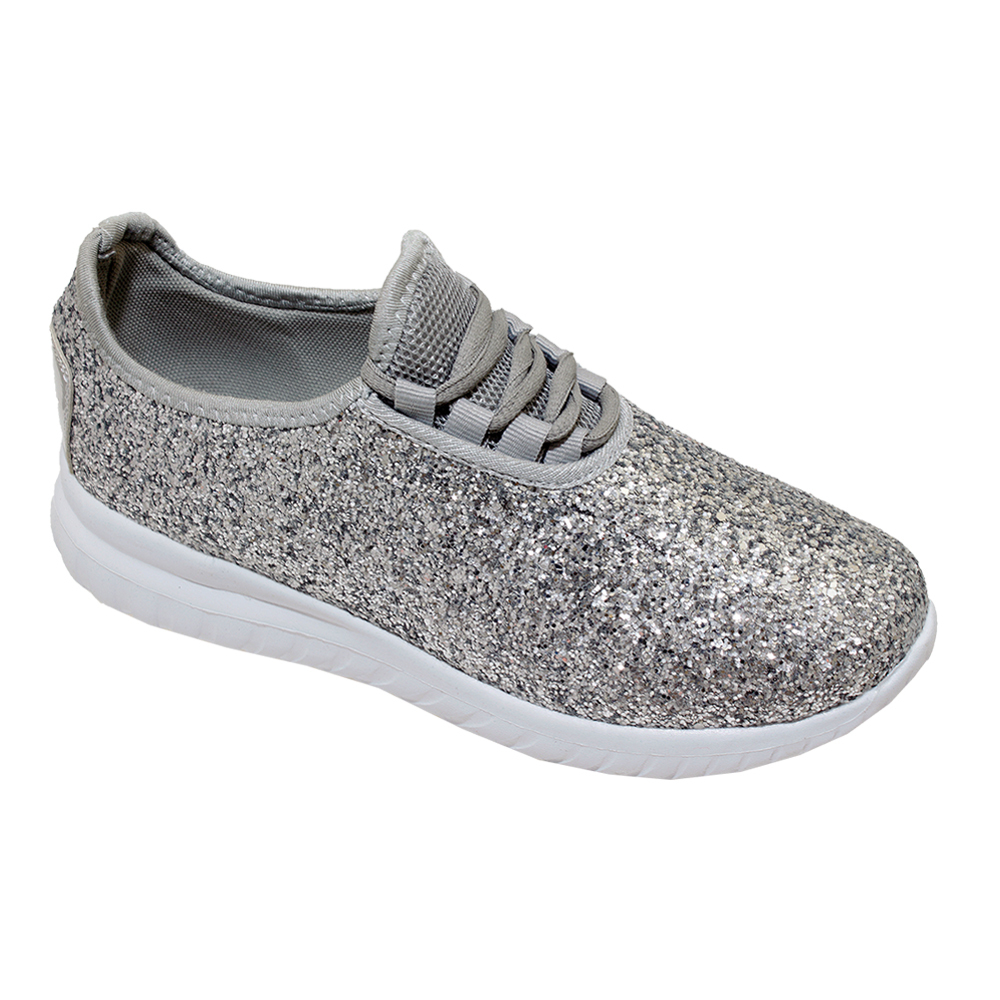 Wholesale Women's Glitter Lace Up Fashion Sneaker Silver