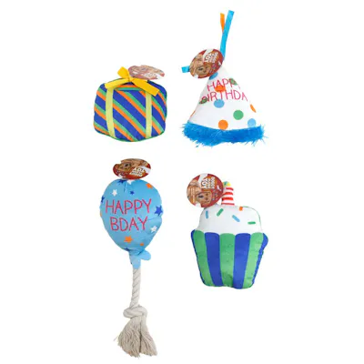 Squeaker Plush Dog Toys - Blue, Happy Birthday