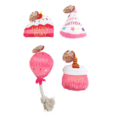 Squeaker Plush Dog Toys - Pink, Happy Birthday Theme
