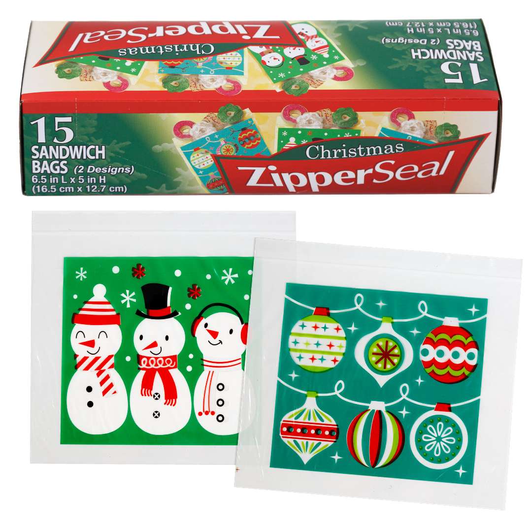 15 Count Zipper Sandwich Bags - Christmas Prints