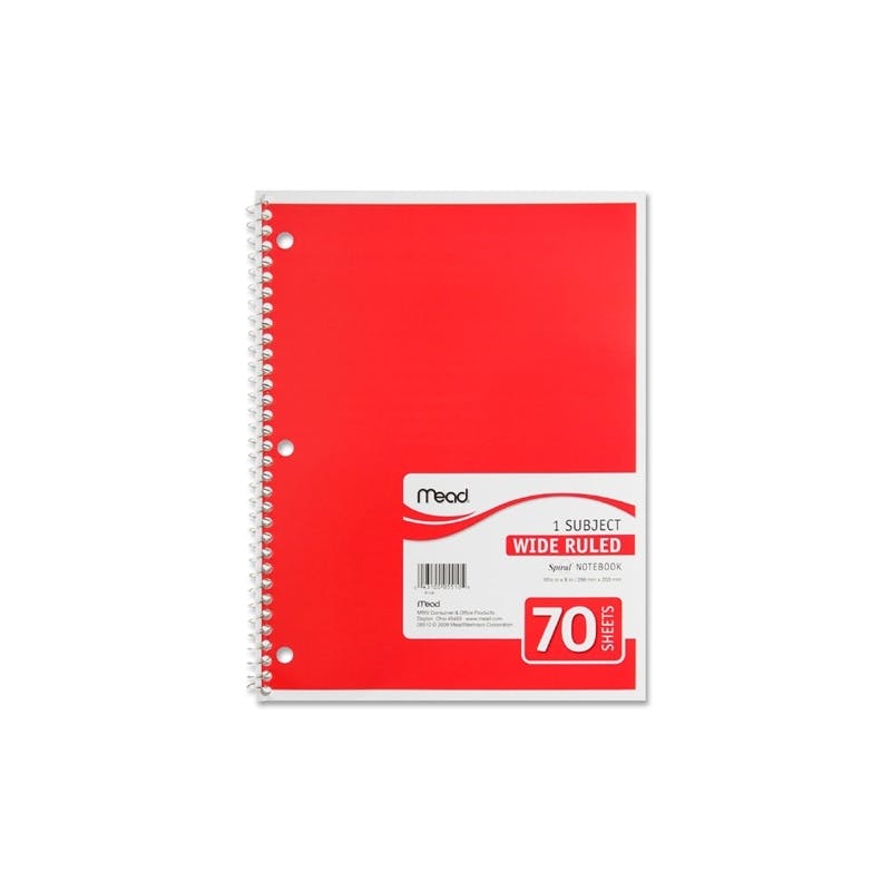 1 Subject Wide Ruled Spiral Notebook - 70 Sheets  Red