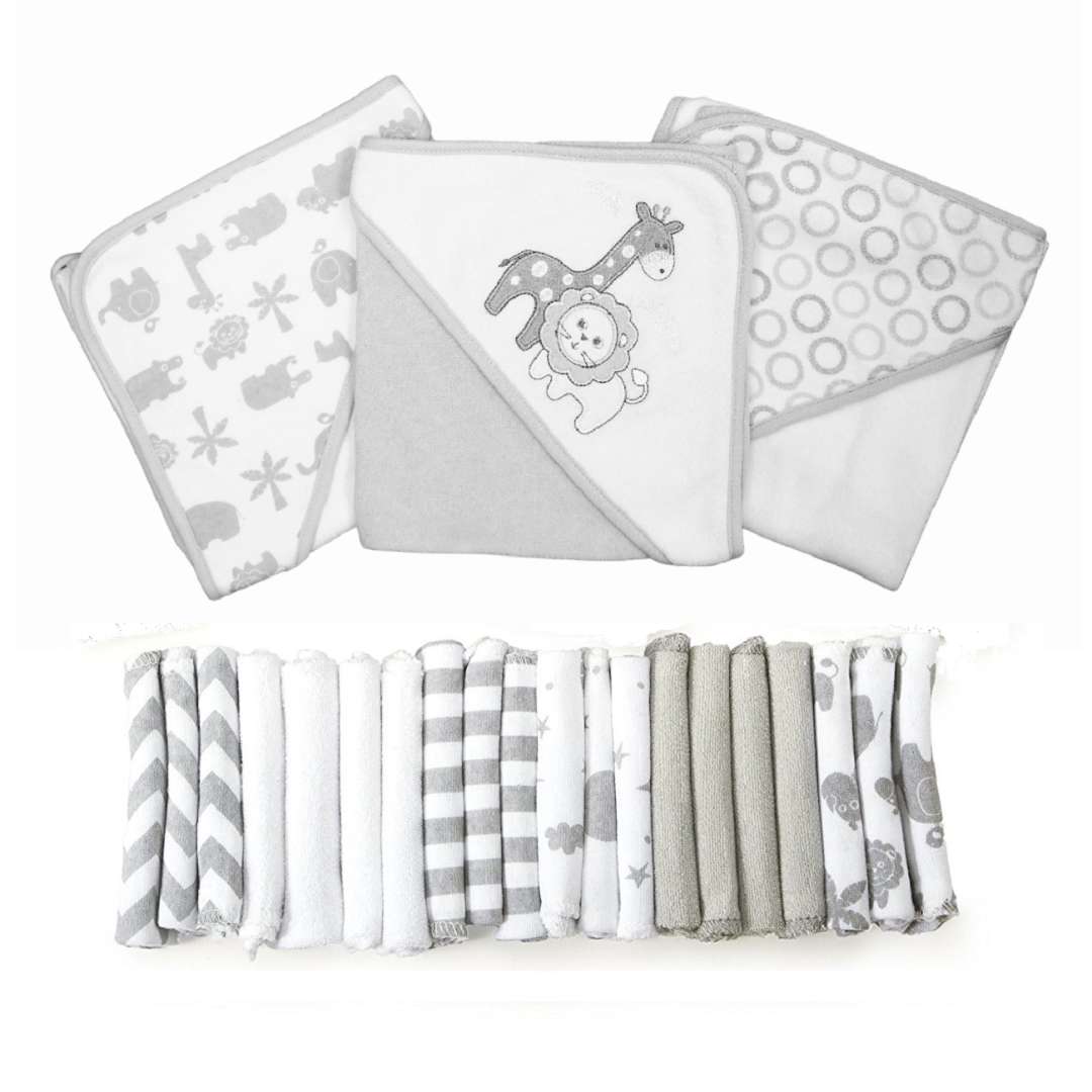 Baby Hooded Towels & Washcloths Sets - Gray Lion, 23-Piece Gift Set