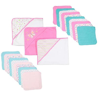 Baby Hooded Towels &amp; Washcloths Sets - Pink Butterfly, 23-Piece Gift Set