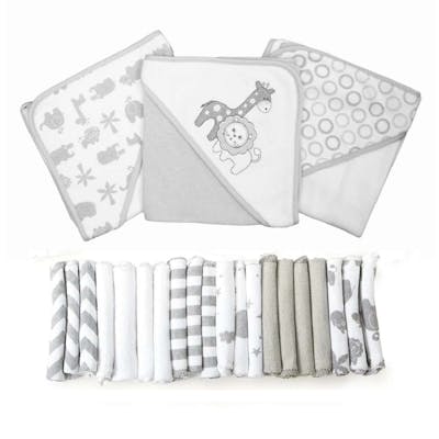 Baby Hooded Towels &amp; Washcloths Sets - Gray Lion, 23-Piece Gift Set