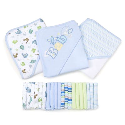 Baby Hooded Towels &amp; Washcloths Sets - Blue Dinos, 23-Piece Gift Set