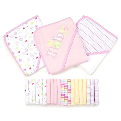 Baby Hooded Towels &amp; Washcloths Sets - Pink Flowers, 23-Piece Gift Set