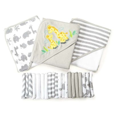Baby Hooded Towels &amp; Washcloths Sets - Gray Giraffe, 23-Piece Gift Set