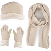 Women's Fleece Winter Set - Scarf, Gloves & Hat, Beige