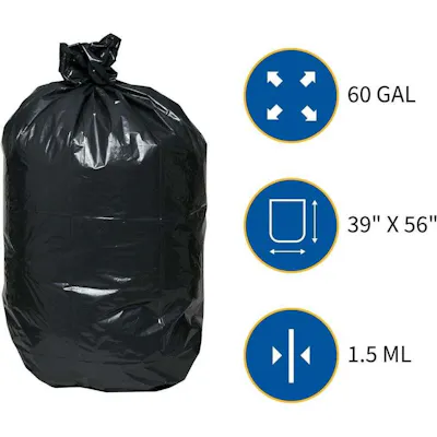 Heavy Duty 60 Gallon Trash Bags - 56" x 39", 1.5 mil
