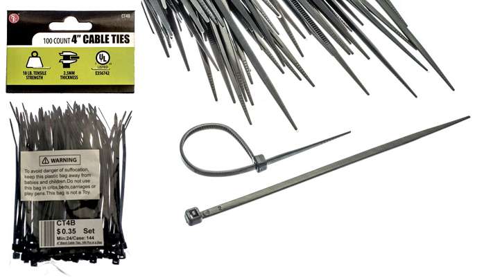 100-Piece Set Cable Ties, Black - 4" x 2.5MM