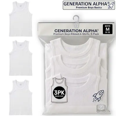 Boys' Ribbed A-Shirts - Size S-XL, 3 Pack