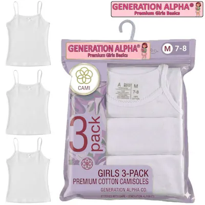 Girls' Cotton Camisoles - White, S-XL, 3 Pack