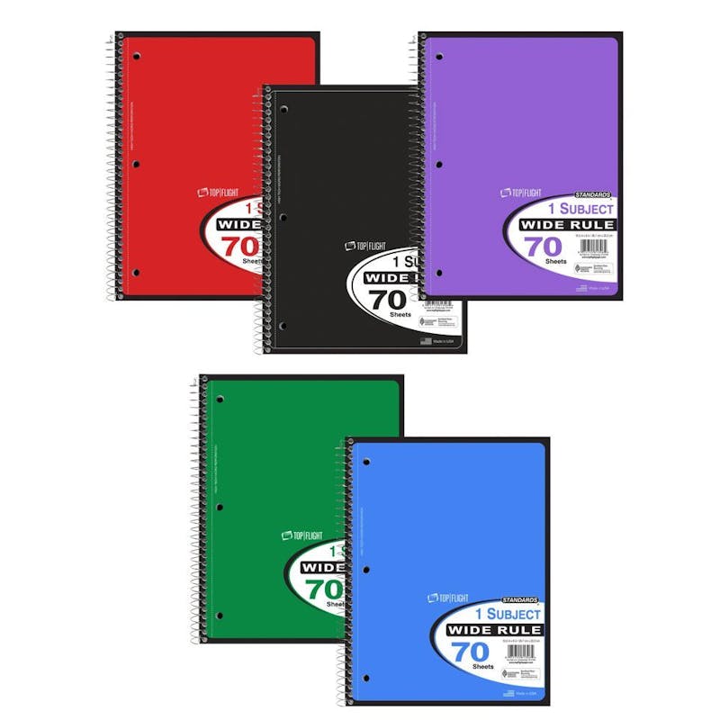 1 Subject Wide Ruled Spiral Notebook - 70 Sheets  5 Colors