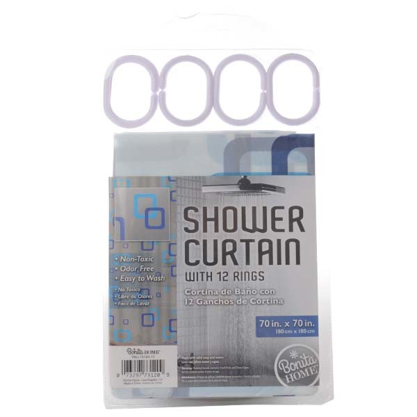 Shower Curtain - Blue Squares  12 Rings  70" x 70"