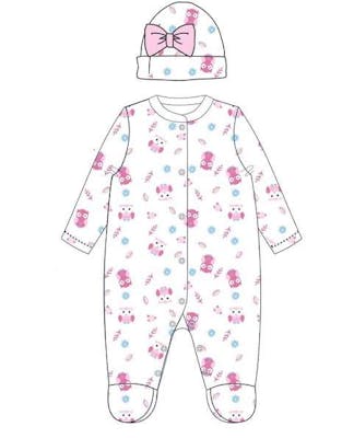 Girls' Cotton Sleep &amp; Play Bodysuits with Hat, White, 0-9M