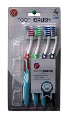 Toothbrushes with Cap - 4 Pack, Hard Bristles